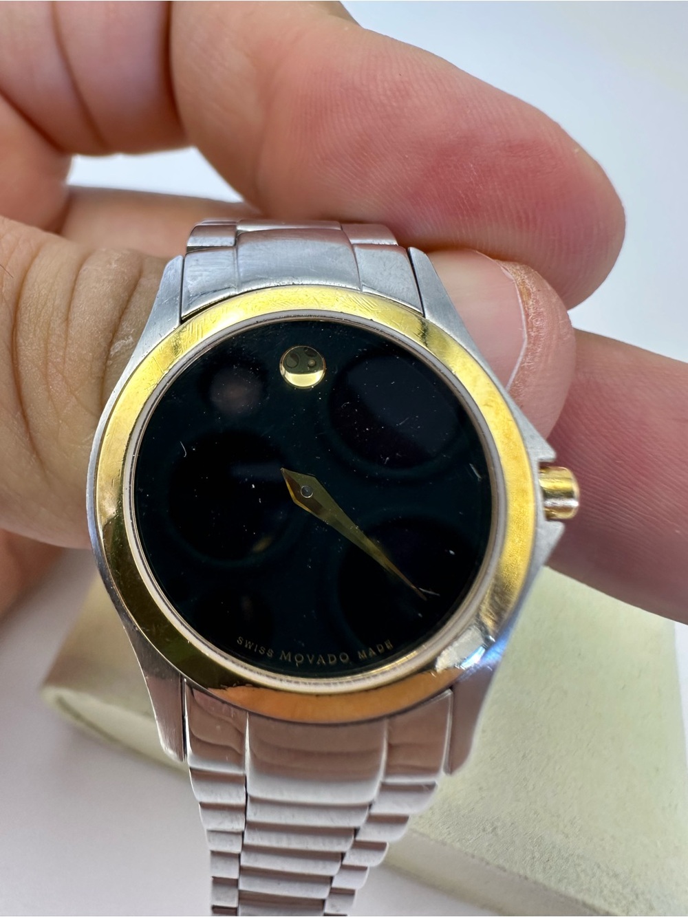 Ladies Movado Two-Tone Black Dial Gold Accent Stainless Steel Watch